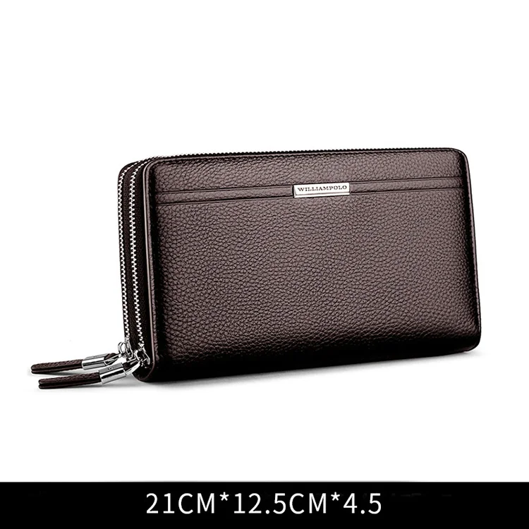 WILLIAMPOLO Leather Vintage Solid Clutch Bag Phone and Card Brand Mens Wallet Double Zipper Genuine Leather Handy Bag Purse