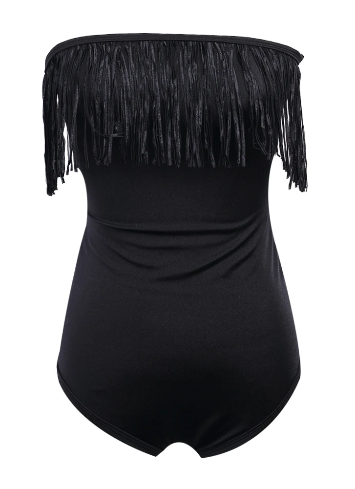 Женские цельные костюмы женские пляжные черного цвета без бретелек с кисточками