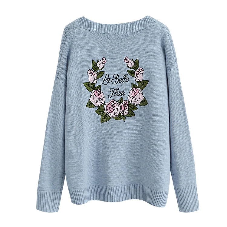 Women'S Back Embroidered Flower Sweater Cardigan Thick Knitting Sweaters Lady Female Korean Punk Harajuku Clothing For Women |