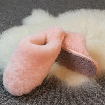Pink Домашние тапочки из натуральной шерсти с мехом модные зимние женские домашние Тапочки меховые тапочки теплые меховые шерстяные тапочки женская домашняя обувь - Цвет: Pink
