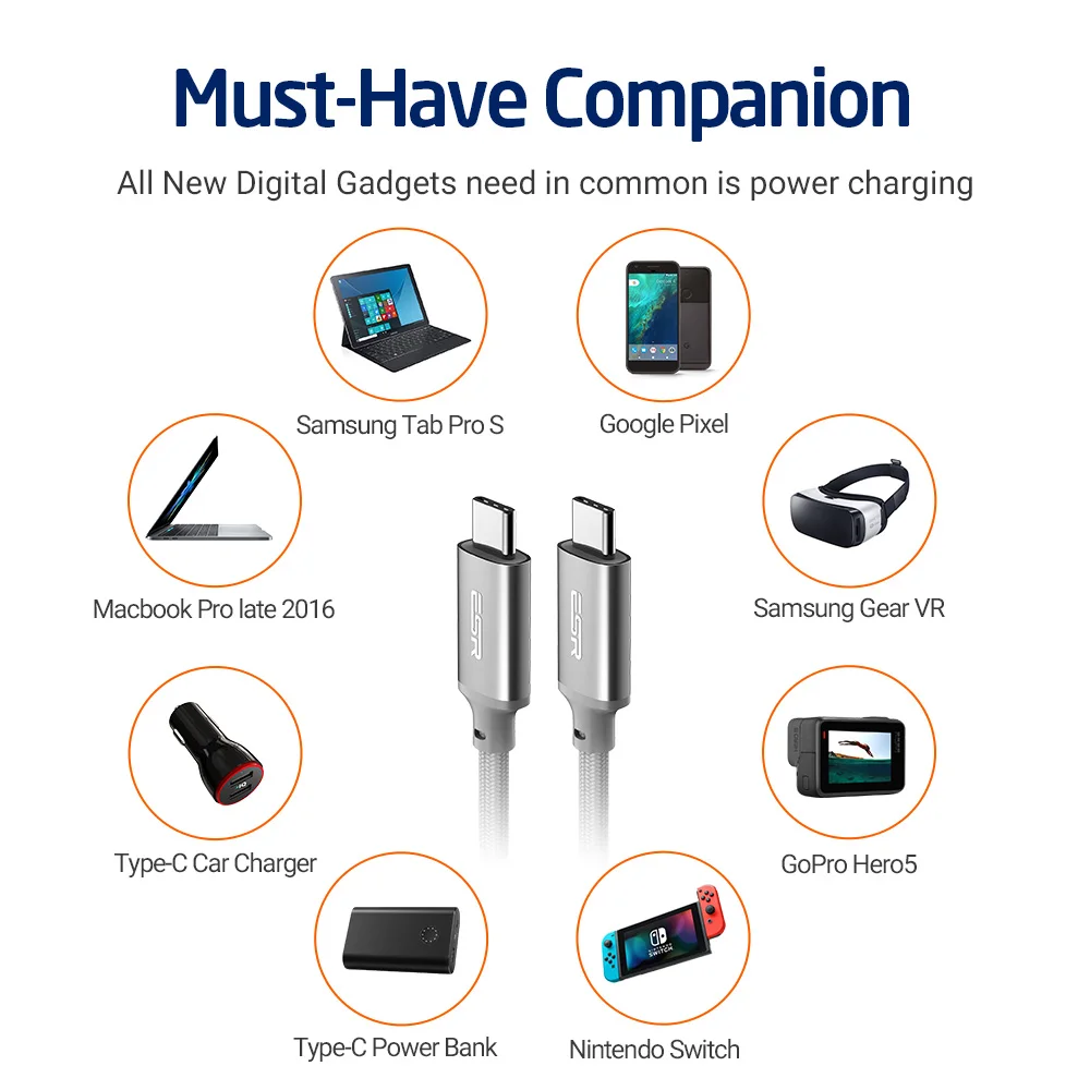 USB-C-USB-C кабель USB 2,0, ESR 2 шт. в упаковке, синхронизация данных, быстрая зарядка 2 м, кабель type C-type C для MacBook, samsung S8, LG G6