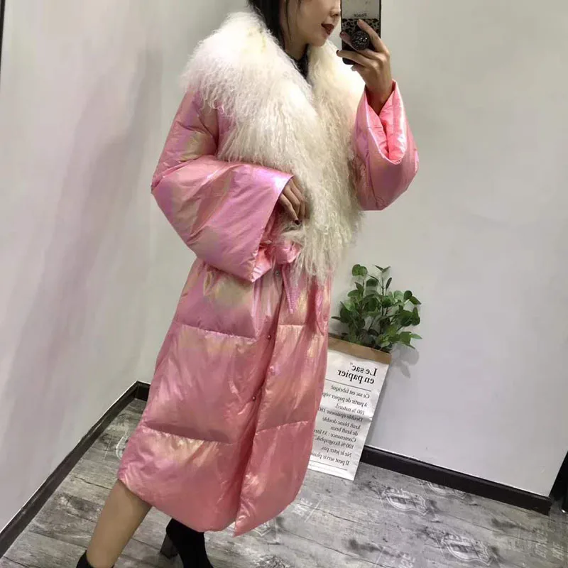 X-Long, 90% белый утиный пух, куртка, Женское пальто, зима, новая мода, парка, розовые пальто с большим, монгольский, овечий мех, воротник
