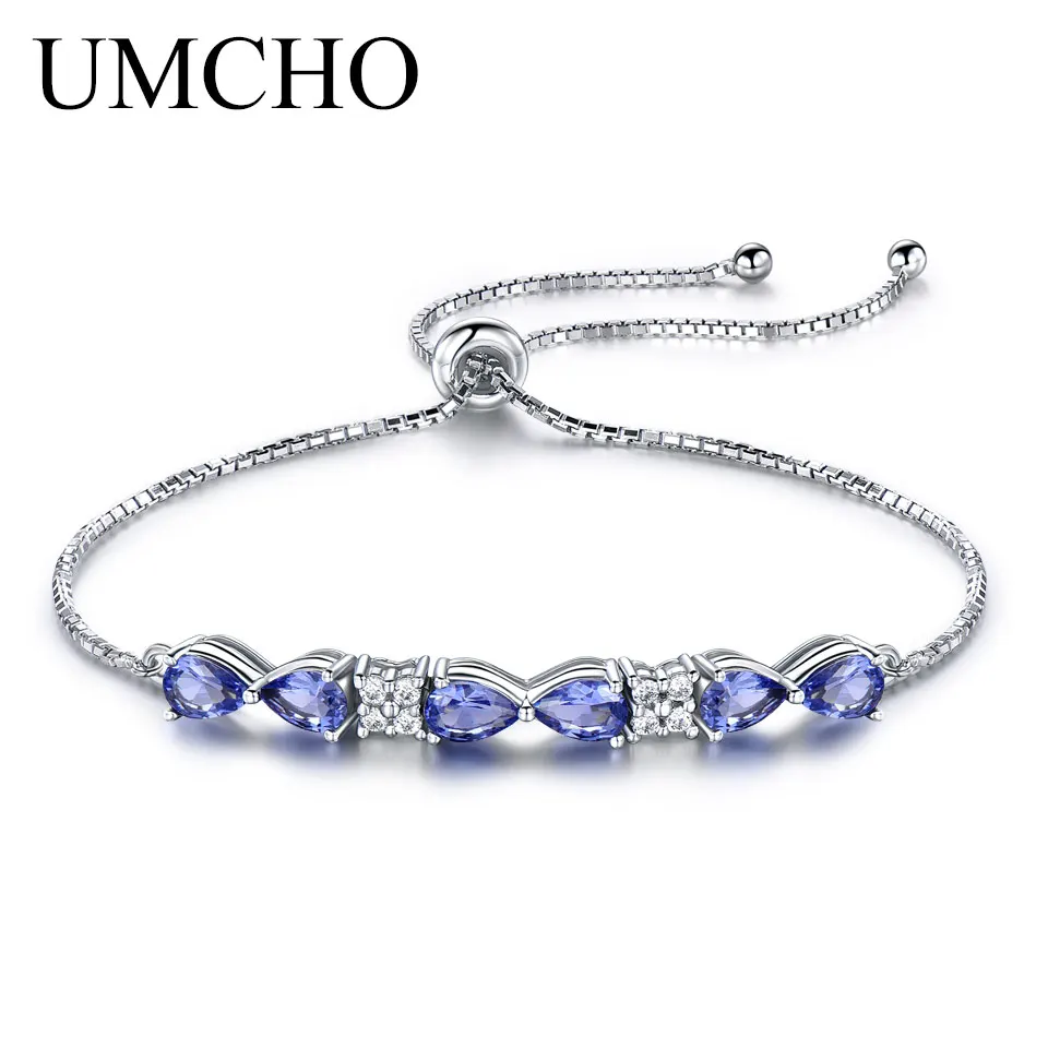 UMCHO Real 925 серебряные ювелирные изделия, созданный браслет с танзанитом, очаровательные винтажные браслеты на цепочке и браслеты для женщин, свадебные подарки - Цвет камня: Tanzanite