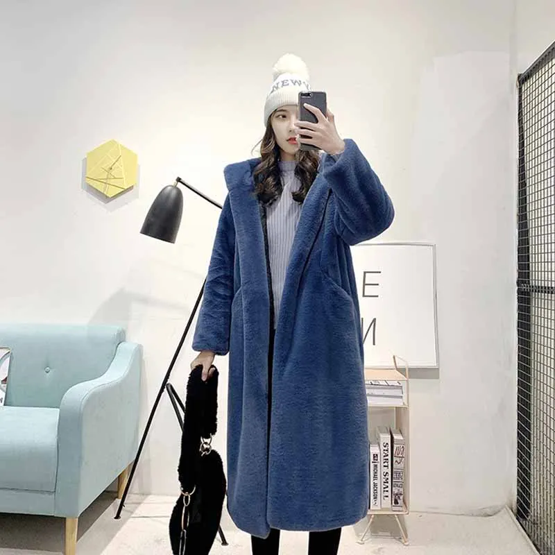 

Fur & Faux Fur Warm Hooded Women Coat 2022 Fur Plush Jacket Female Long section Loose Thickening Keep Warm Fur Coat NUW532