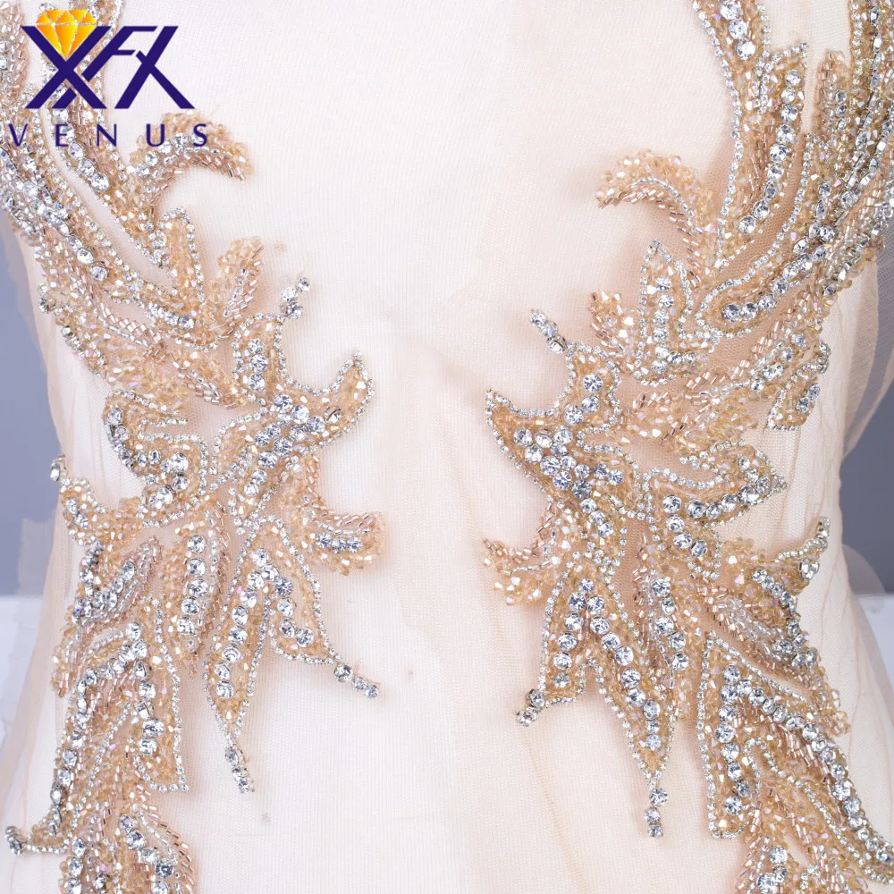 XFX 1 Piece Handmade Wedding Dress Evening Gown Rhinestone Crystal Patches Beads Trimming Beaded Applique for Party