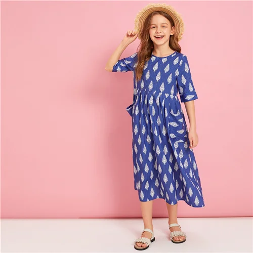 SHEIN Kiddie/синее боховая туника в полоску с карманами спереди и растениями, платье года, летние праздничные длинные платья с короткими рукавами и высокой талией - Цвет: Синий