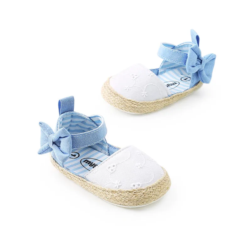 Zapatos suaves de verano para ni&ntilde;a, zapatillas de algod&oacute;n con lazo azul, a la moda, con suela blanda para caminar-3