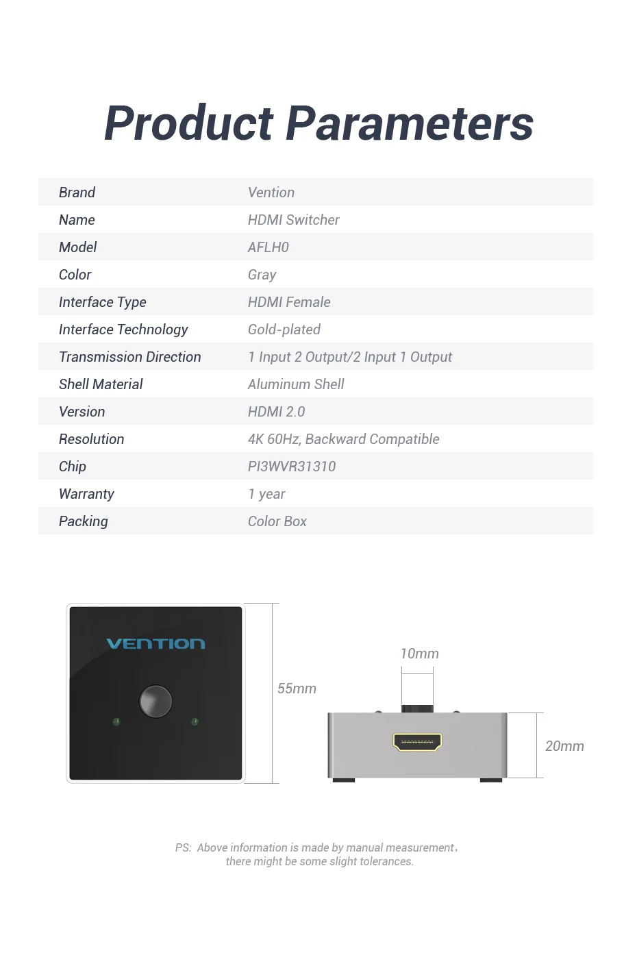 Vention HDMI Разветвитель переключатель HDMI 2,0 4K двухнаправленный коммутатор 1x2/2x1 адаптер 2 в 1 конвертер для PS3/4 ТВ коробка DVD дисплей