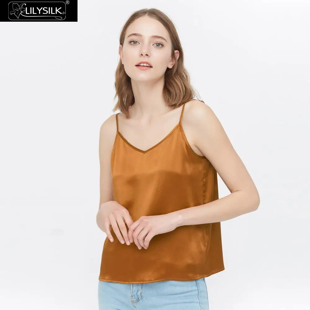 Caramel LilySilk/Классический шелковый топ с v-образным вырезом спереди и сзади; Новинка; - Цвет: Caramel