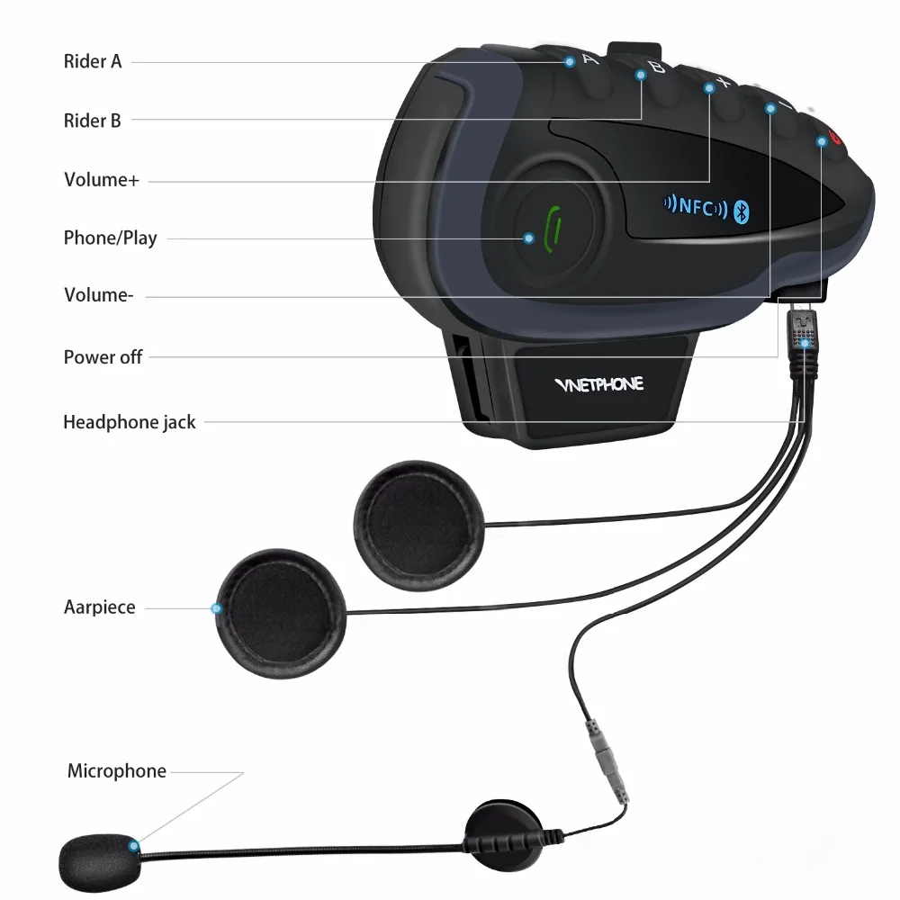 Bluetooth гарнитура Vnetphone V8 мотоциклетная для шлема 5 каналов NFC 1200 м|Наушники шлемов| |