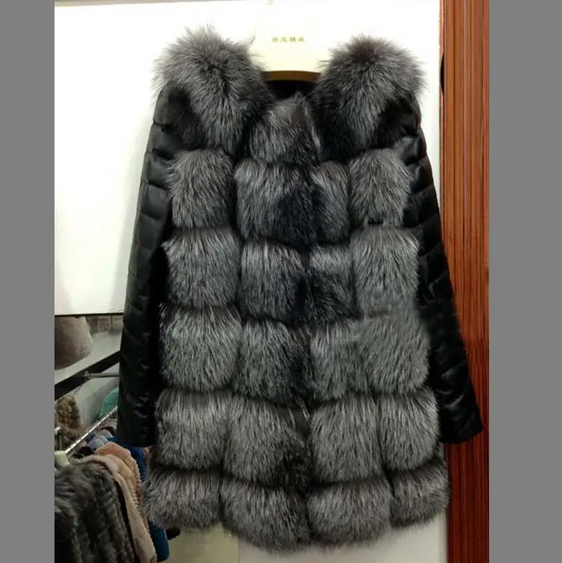Зимнее теплое пальто из искусственной кожи с искусственным лисьим мехом в