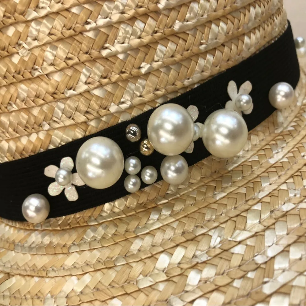 Wide Brim Pearls Straw Hat For Women Flat Top Summer Sun Hats Wheat Ladies beige Girl Beach Chapeu Feminino | Аксессуары для