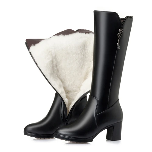 black wool AIYUQI; женские высокие сапоги; коллекция года; женские зимние сапоги из натуральной кожи; Толстая теплая шерсть; трендовые женские мотоботы; обувь на высоком каблуке - Цвет: black wool