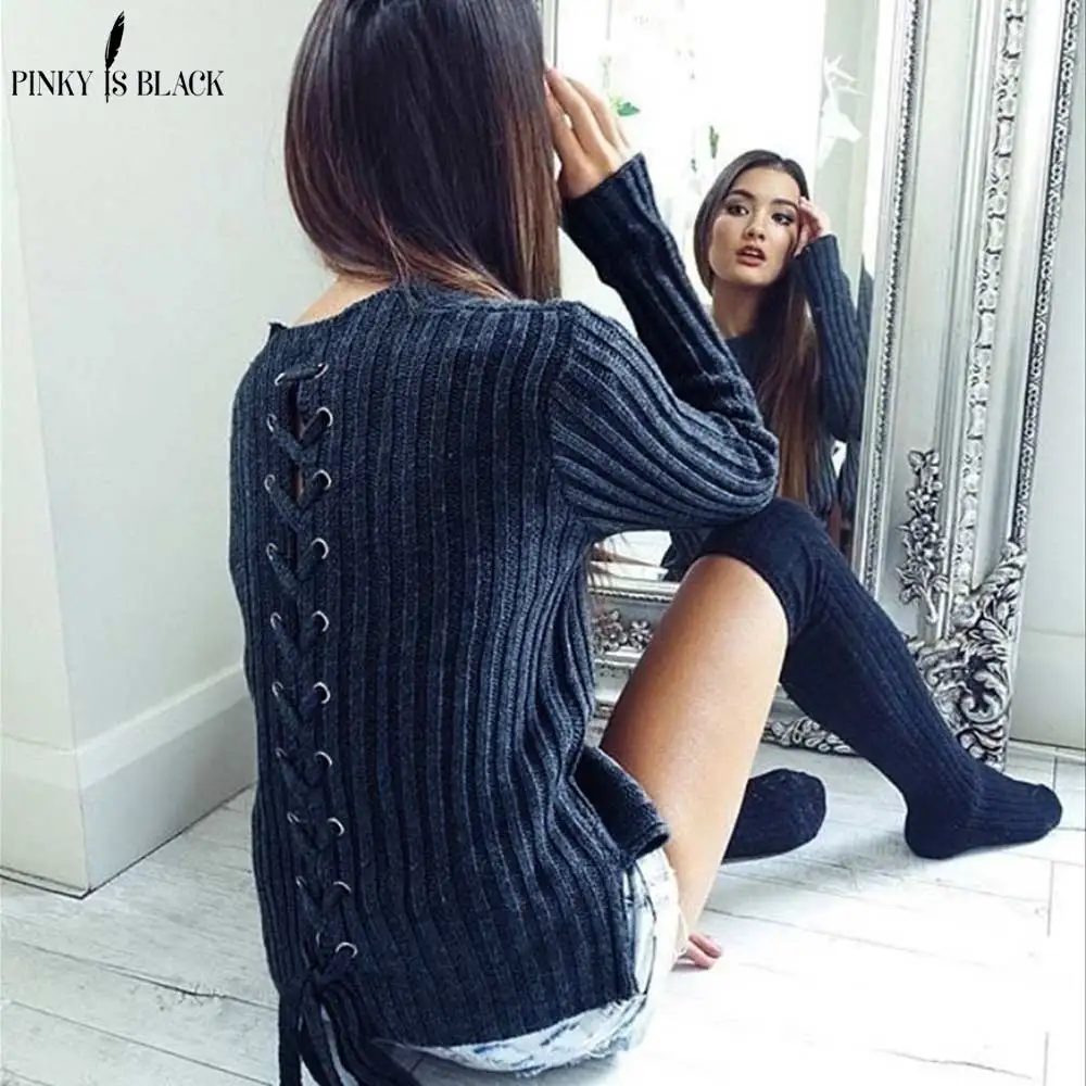 PinkyIsBlack, новинка, Осень-зима, теплый женский свитер, вязанный, для женщин, высокая эластичность, мягкий, сзади, бандаж, женские пуловеры, Свитера - Цвет: Тёмно-синий