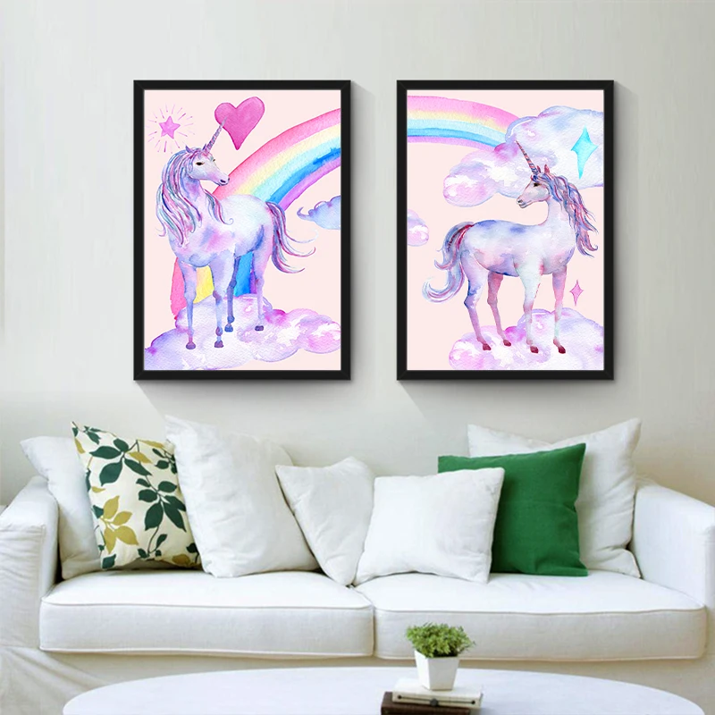 Nordic Kawaii 2PCS Cute Pink Princess Rainbow Series Cartoon Canvas Painting Art Print Poster Picture Children Bedroom Home Deco | Дом и сад