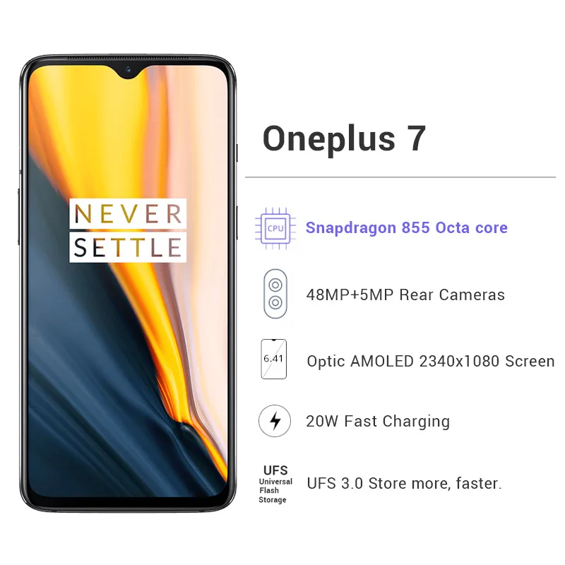 Глобальная ROM Oneplus 7 12 Гб RAM 256 ГБ Смартфон Snapdragon 855 6 41 "20 Вт Быстрая зарядка 48MP UFS 3 0