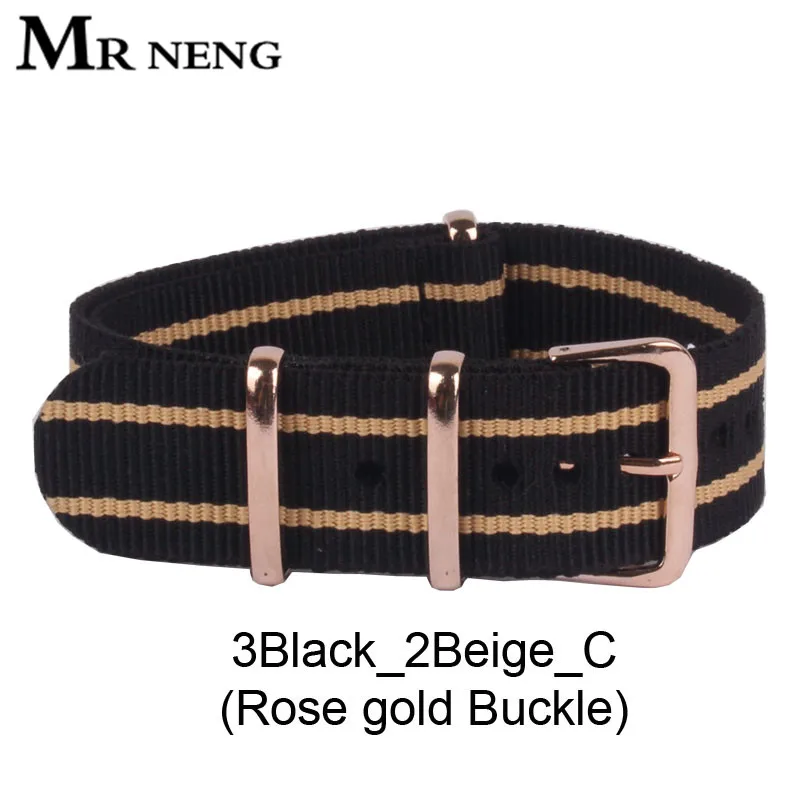 3Black2Beige c Ремешок для часов MR NENG, Пряжка из розового золота, 18 мм, 20 мм, 22 мм, черный, бежевый, в полоску, ремень, армейский, военный, натовский, нейлоновый, ремешок для наручных часов - Цвет ремешка: 3Black2Beige c