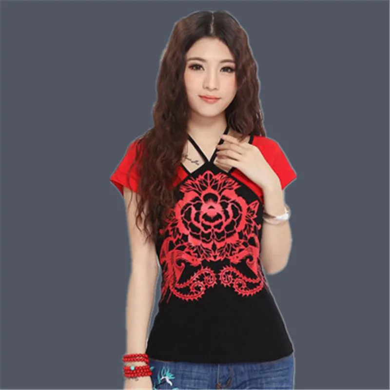 Летний топ, футболка, Camisa Feminina, футболка с вышивкой размера плюс, короткий топ, топы с длинными рукавами, Винтажная футболка, женская футболка Harajuku - Цвет: Red 8558