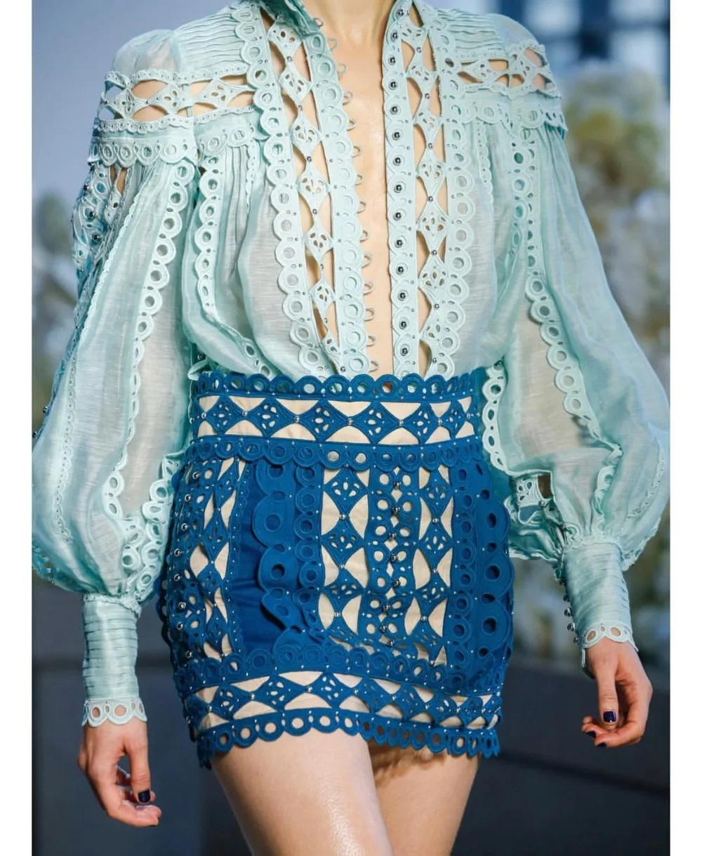 New Summer Women Blue White Beading Skirts Short Mesh Hollow Out Patchwork Clubwear Causal Fashion Party Night Wholesale