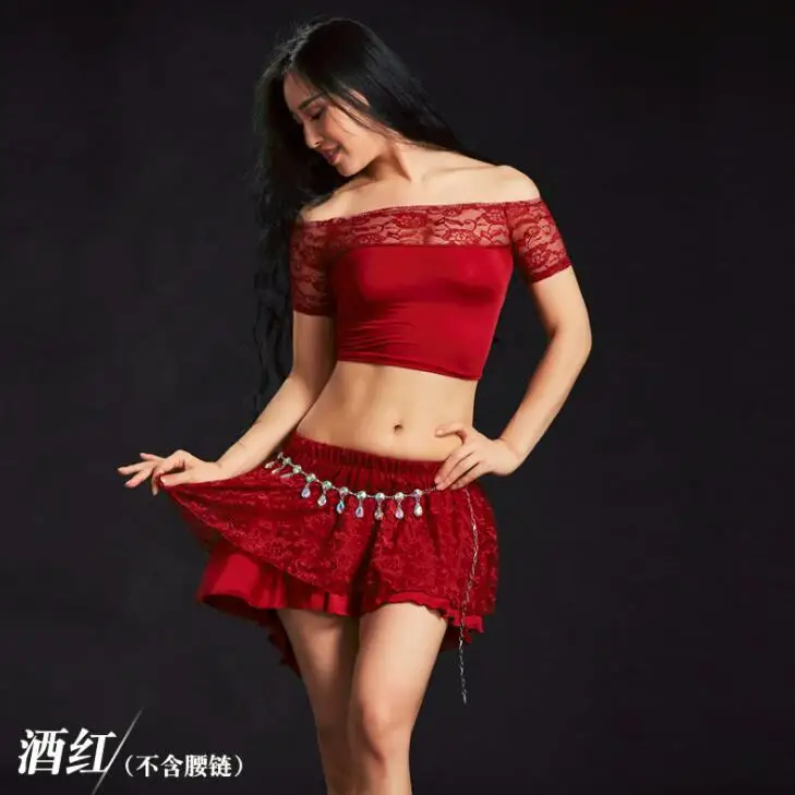 Новые кружевные топы, юбки, костюмы для танца живота, женские/женские сексуальные кружевные танцевальные тренировочные костюмы для сцены, одежда для выступлений - Цвет: Red