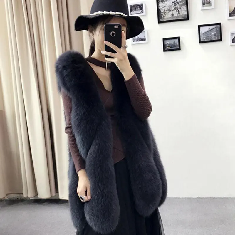 Uppin Новое поступление г. Зимние теплые модные женские туфли Искусственный мех жилет верхняя одежда Для женщин S из искусственного лисьего Мех животных пальто Большие размеры S-3XL - Цвет: Темно-серый