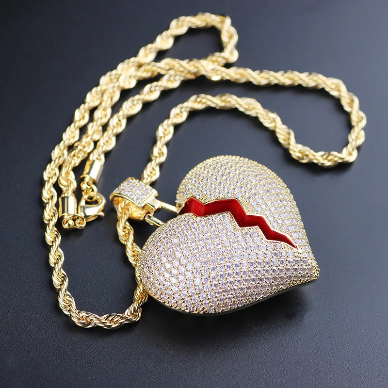 Fashion Broken Heart Iced Out Chain Pendant Necklace Statement Gold Color Cubic Zircon Hip Hop Men's Jewelry Gift | Украшения и