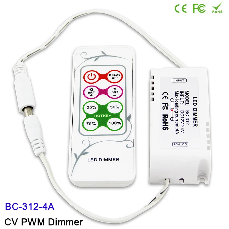 

BC 312-4A 8 keys RF remote LED Dimmer,DC12V-24V,CV PWM Dimmer Controller for SMD 5050 3528 single color LED Strip Lighting tape