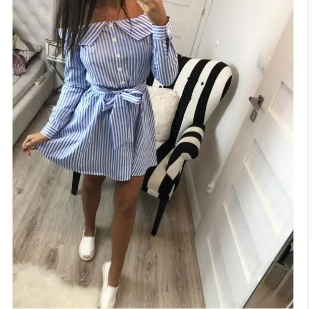 

Women Shirts Dress Elegant Off Shoulder Striped Dresses Short Bow Ties Summer Dress