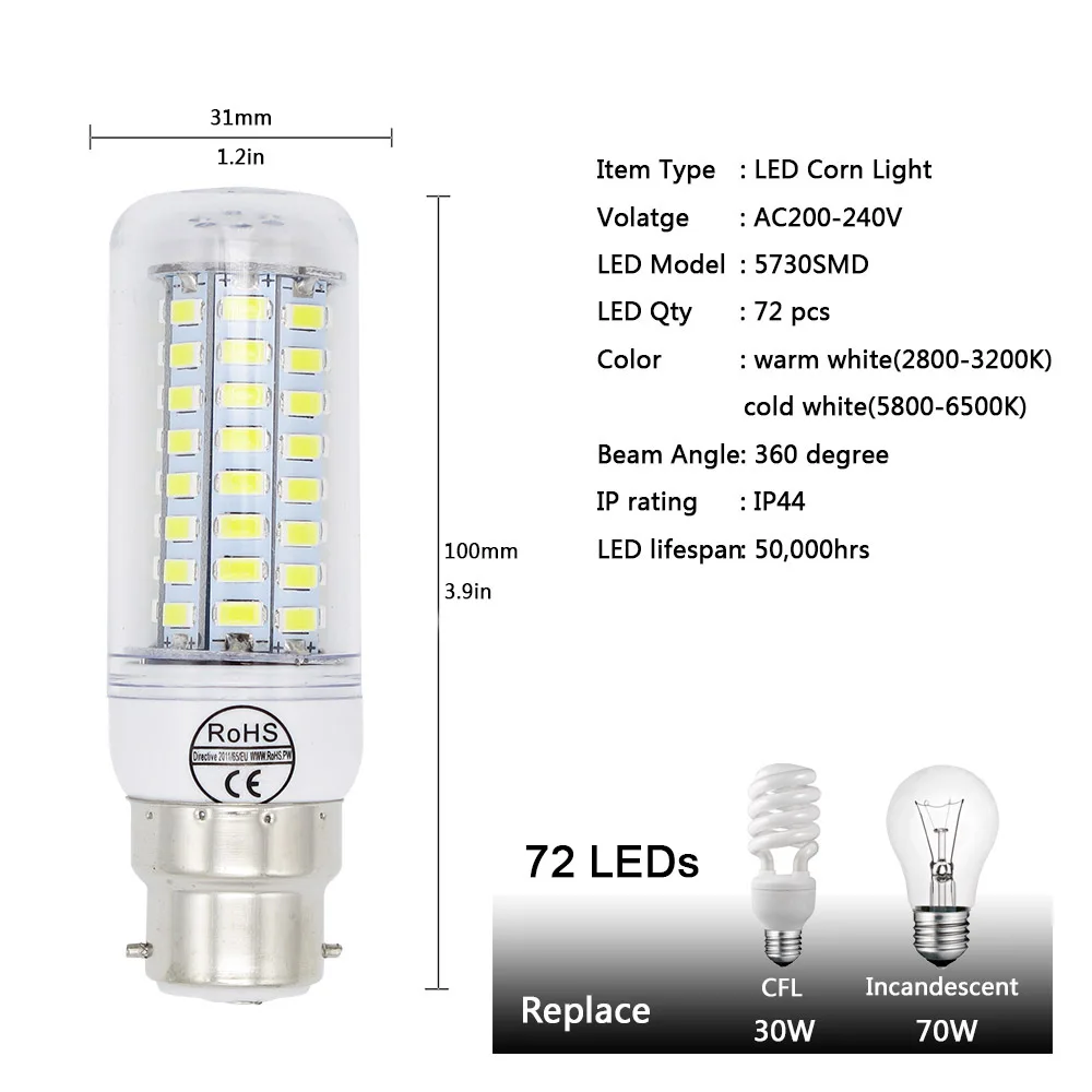 Светодиодная лампа b22 240 в 220 В 7 Вт 12 15 20 72x5730 SMD 30 холодный теплый белый