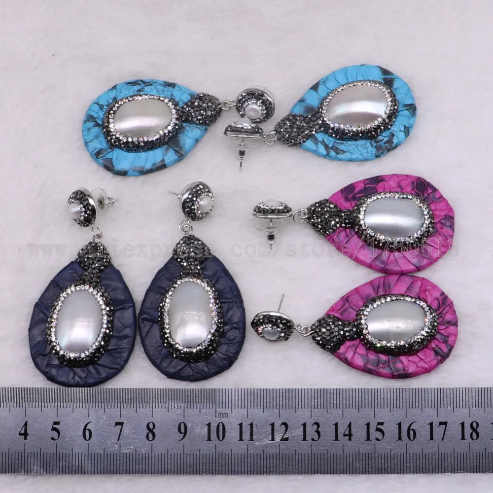 

5 Pairs snakeskin earrings with natural shell druzy earrings drop earrings jewelry earrings gift for her wholesale jewelry 3361