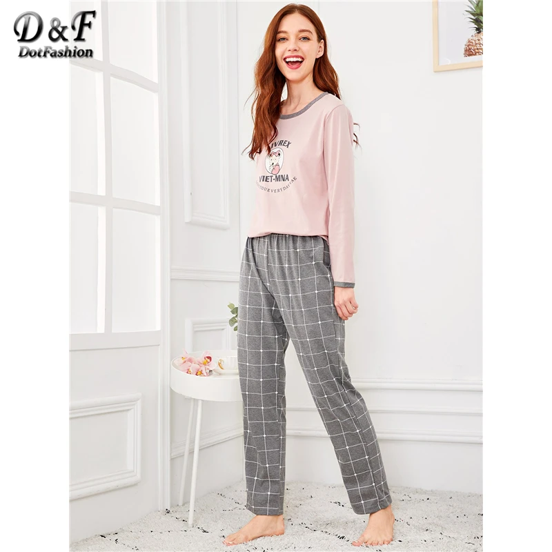 Dotfashion, мультяшный медвежонок, с буквенным принтом, клетчатый пижамный комплект для женщин, осень, одежда, повседневная, с длинным рукавом, ночная одежда для женщин, весенняя, домашняя одежда