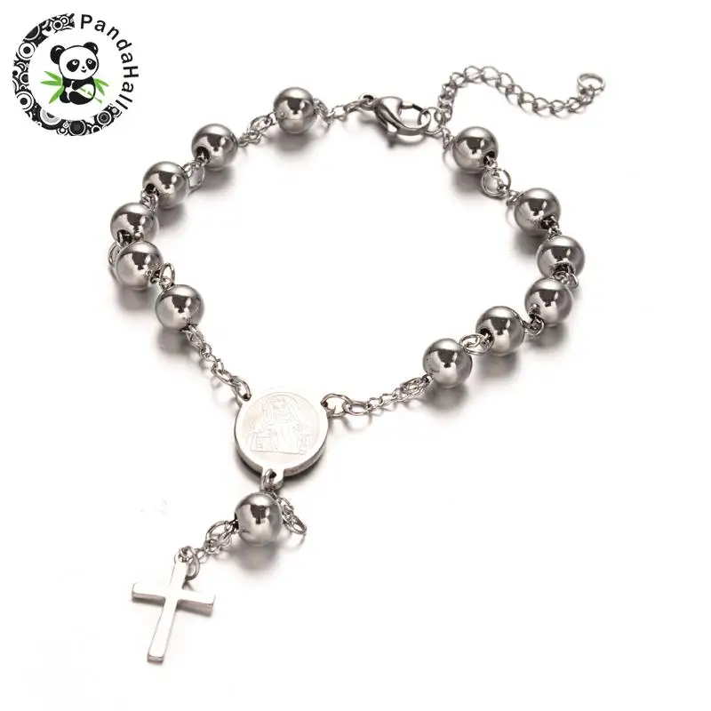 

Rosary Bead Bracelets with Cross 304 Stainless Steel Ball Chains Bracelet for Easter Oval with Virgin Mary Stainless Steel Color