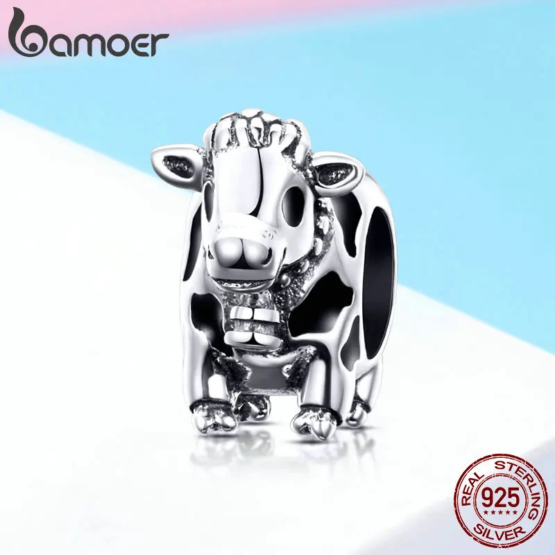 BAMOER, коллекция животных, 925 пробы, серебро, милый скот, корова, подвески, бусины, подходят для оригинальных браслетов, Стерлинговое серебро, ювелирные изделия SCC1049