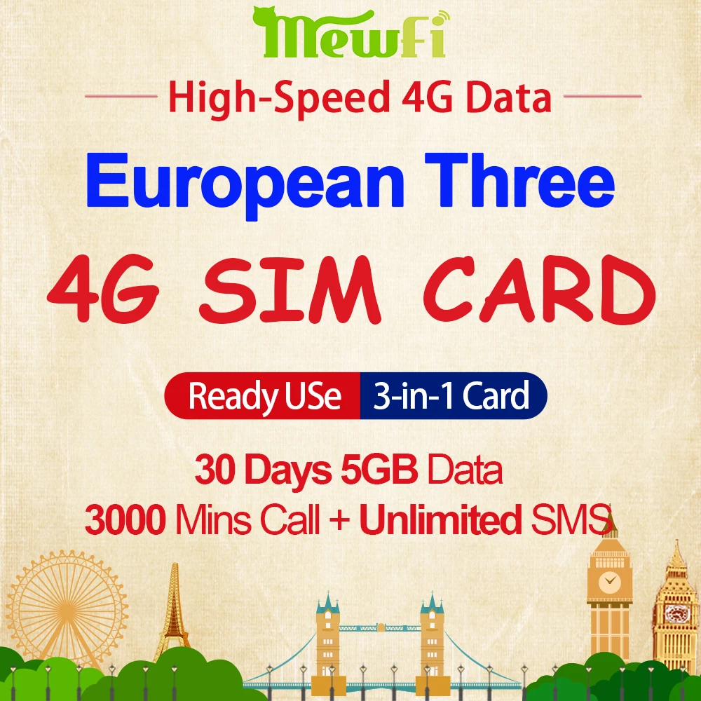 Mewfi Prepaid Europe Travel Sim Card 30 Days 5GB 4G Data+3000 Mins Call+Unlimited SMS Three Network Triple Mobile Phone |