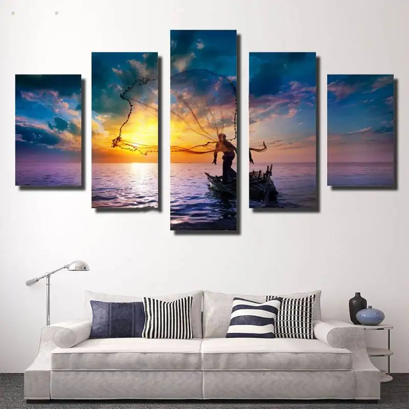 5 панелей Hd печатная сетка Рыбак настенная живопись холст печать декор комнаты