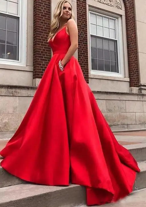 Picture Red Красное платье для выпускного вечера с карманами и v-образным вырезом А-силуэт атласное платье Vestido De Formatura с бриллиантами со шлейфом для женщин официальное вечернее платье - Цвет: Picture Red
