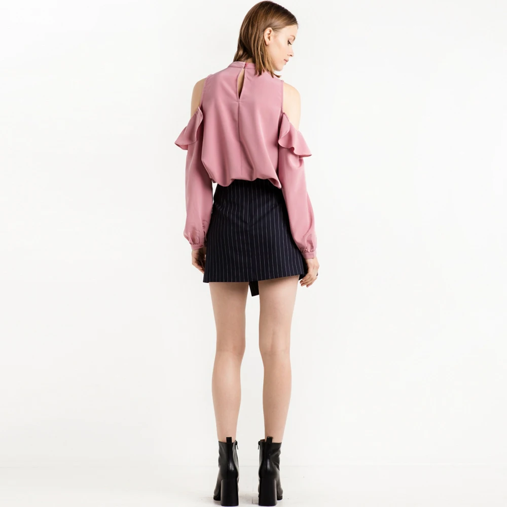 HDY Haoduoyi Women Cold Shoulder Ruffle Frill Top Dusty Pink Long Sleeve Shirt Fashion Sweet Blouse Ladies Shirts Blouses Tops | Женская