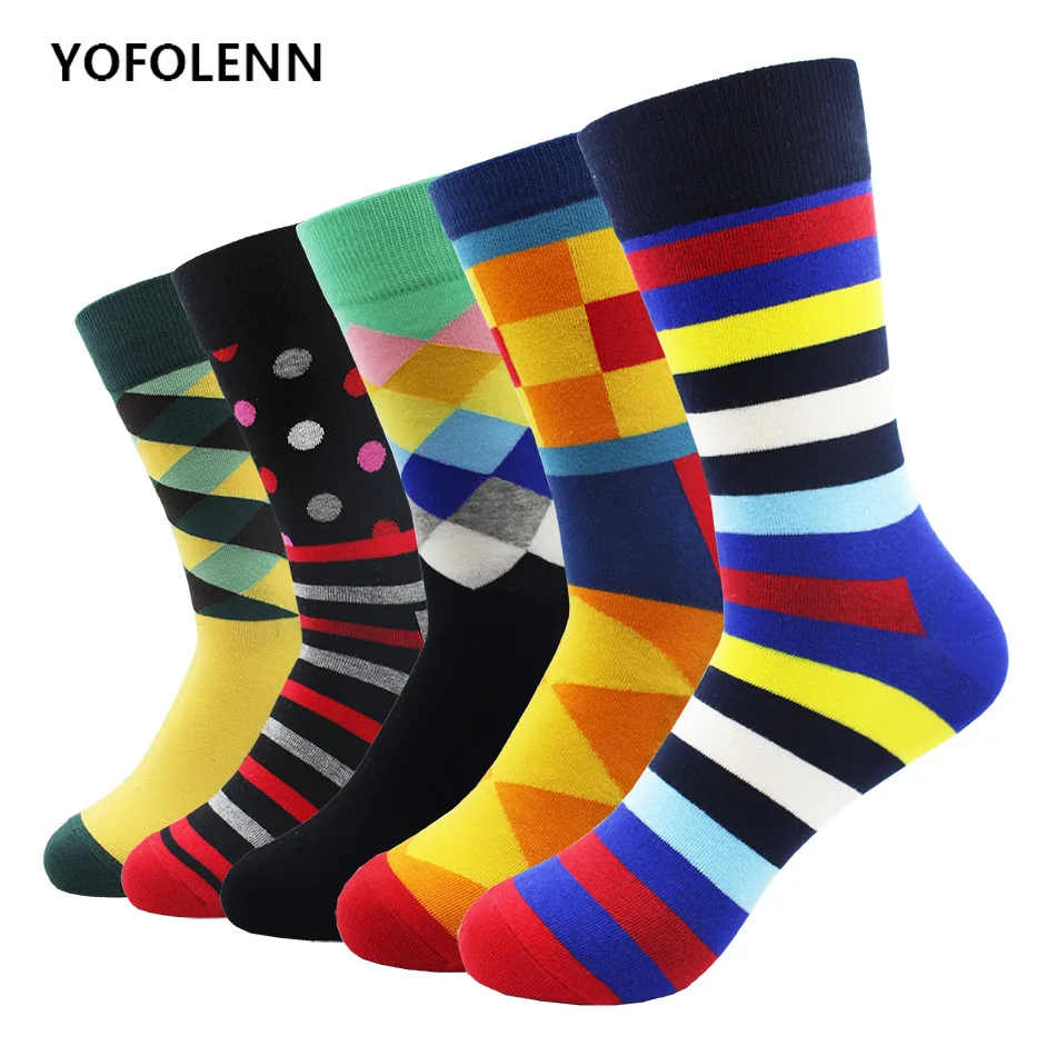 

5 pairs/lot Happy Men's Colorful Mixed Style Argyle Striped Combed Cotton Socks Casual Crew Socks Breathable Cool Funny Socks