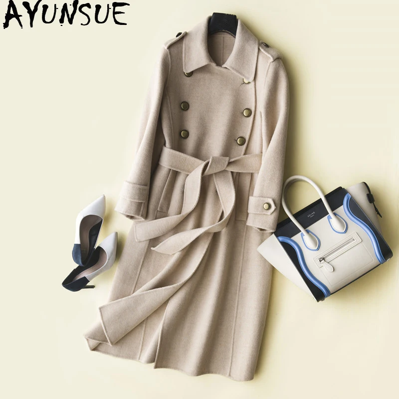 Модное женское пальто AYUNSUE из 100% шерсти осенние длинные шерстяные куртки женские