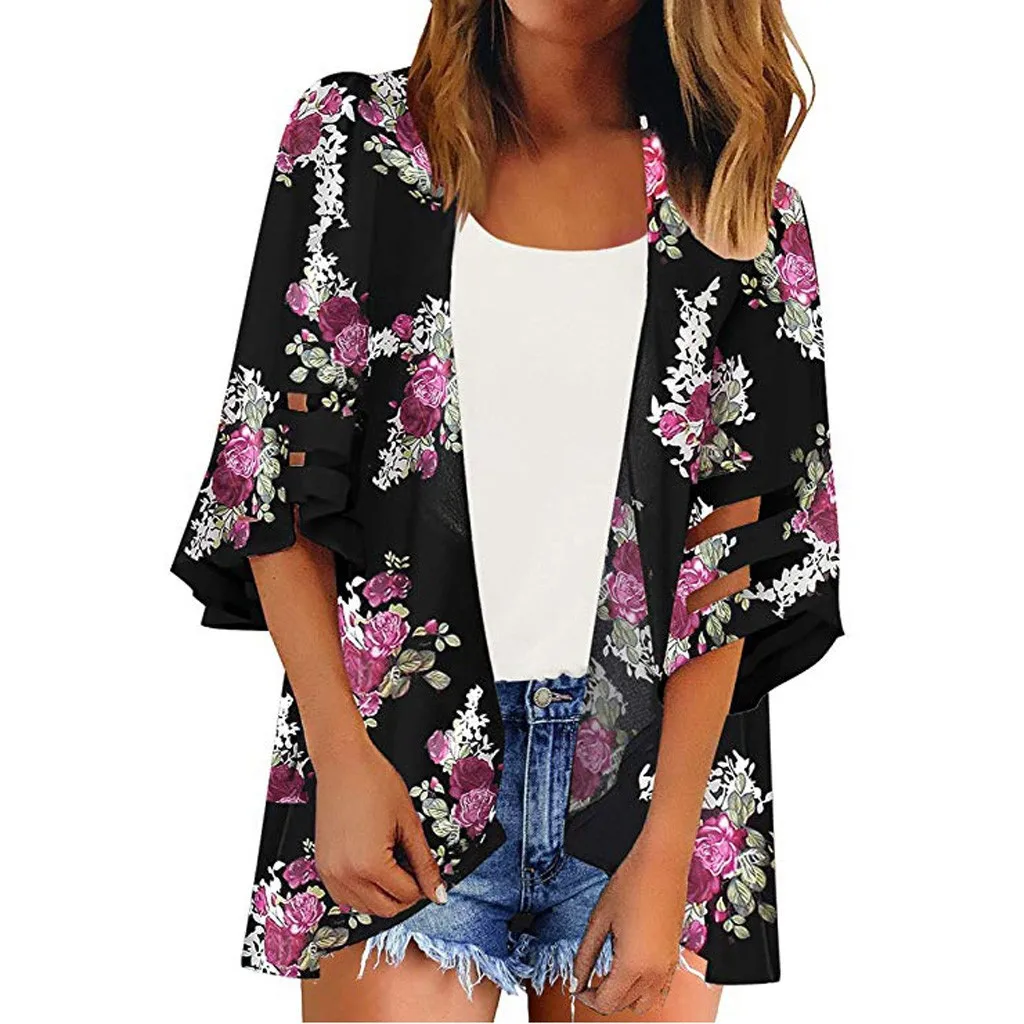 

2020 Summer Women Floral Print Bikini Cover Up Cardigan Chiffon Beach Dress Swimwear Kaftan Beach Tunics Pareos Swimsuit Cape