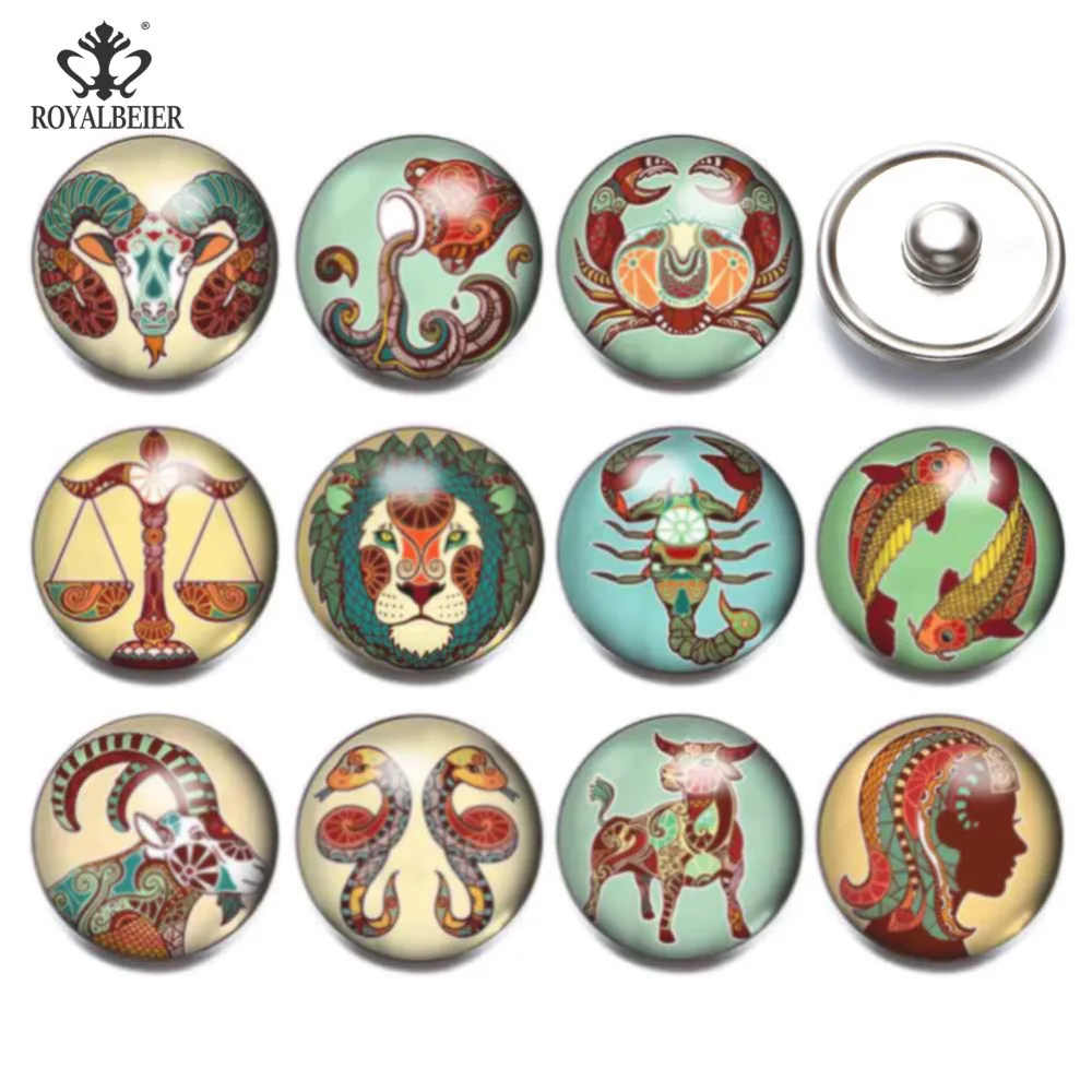 12pcs Snap Button 18mm Glass Charms Constellation&ampZodiac Theme Multi Pattern For 18-20mm Bracelet Jewelry KZ0972 | Украшения и