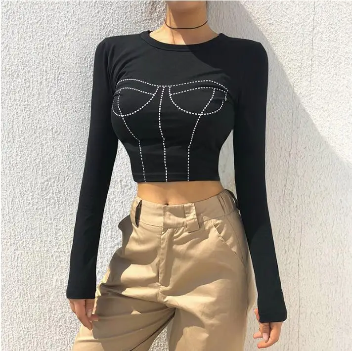 

20018 autumn new print slim long-sleeved T-shirt female