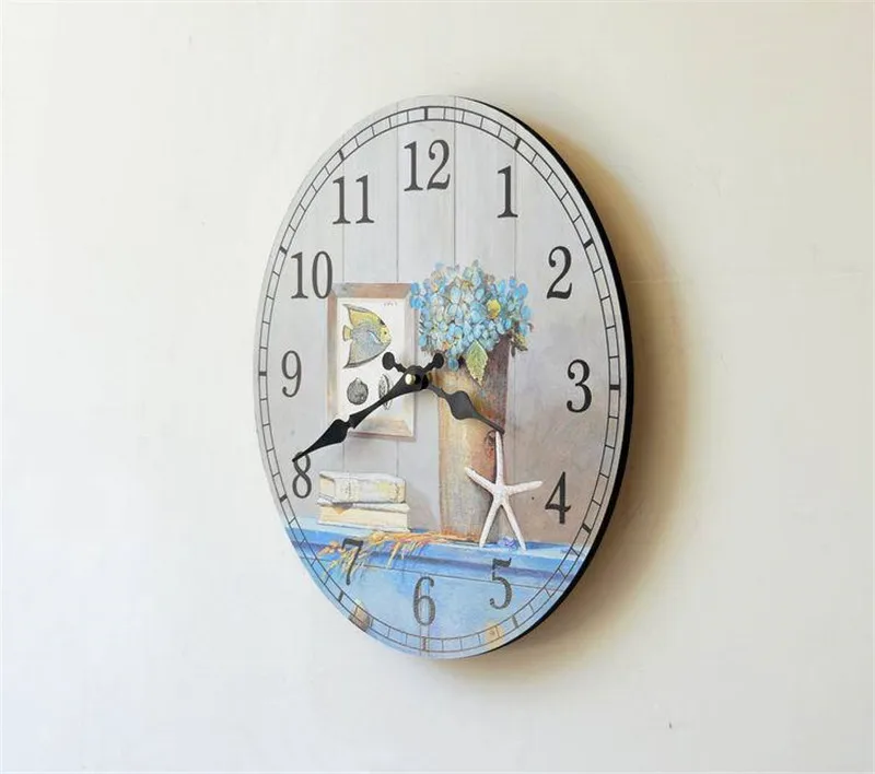 Home Study decoration wall clock mute wood Blue life Silent fish Pictures Styles Round Craft electronic digital | Дом и сад