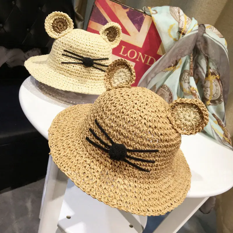 Соломенная шляпа с кошачьими ушками для детей однотонная пляжная мальчиков и