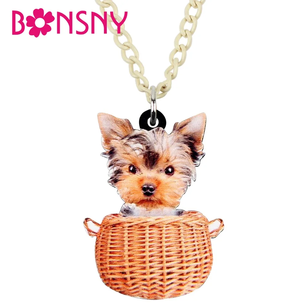 

Bonsny Acrylic Sweet Basket Yorkshire Terrier Dog Necklace Pendant Chain Choker Animal Pets Jewelry For Women Girls Gift Bijoux