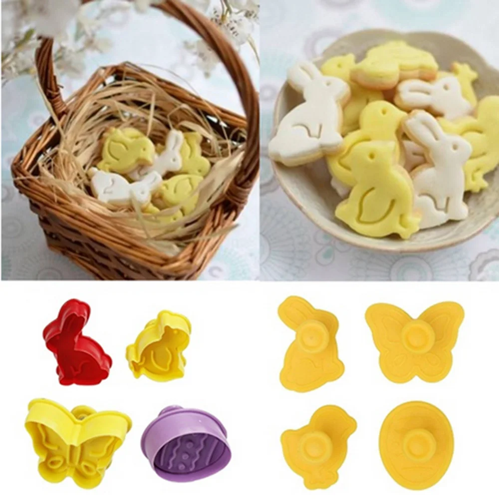 

Hot 4pcs/lot Animal Shape Easter Cookie Plunger Cake Decoration Mold Pastry Cookies Cutter Baking Mould Fondant Sugar Craft Mold