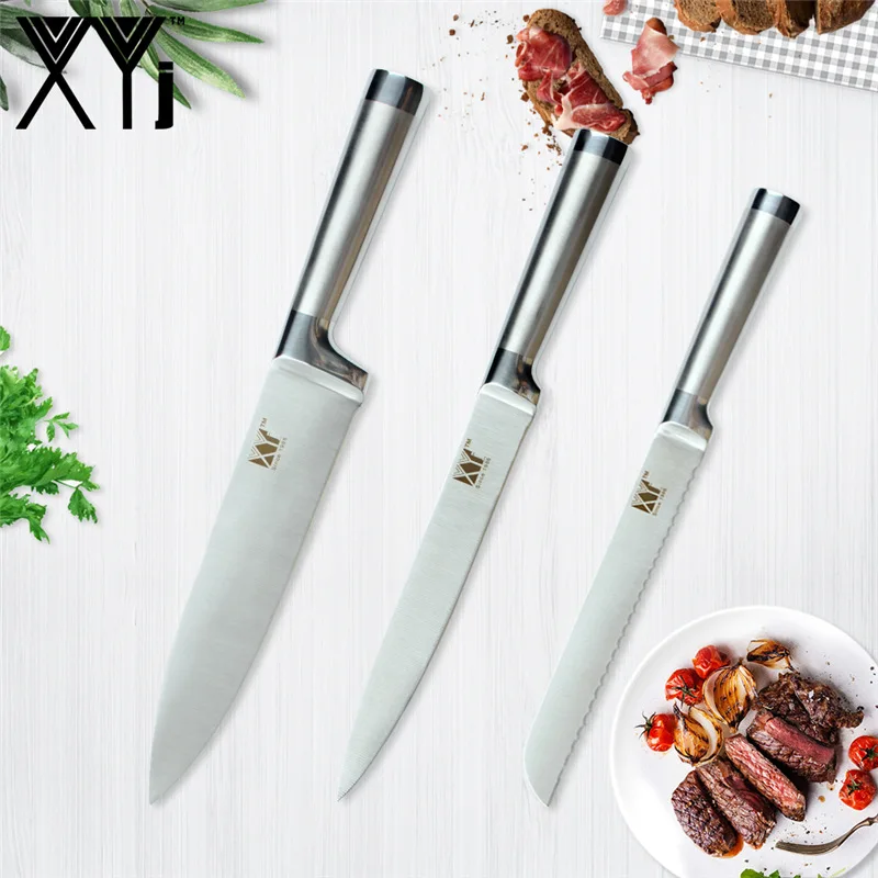 XYj кухонные ножи, нож из нержавеющей стали, нож шеф-повара с ручкой из нержавеющей стали, инструменты для приготовления фруктов, овощей, хлеба, мяса - Цвет: J.3pcs set
