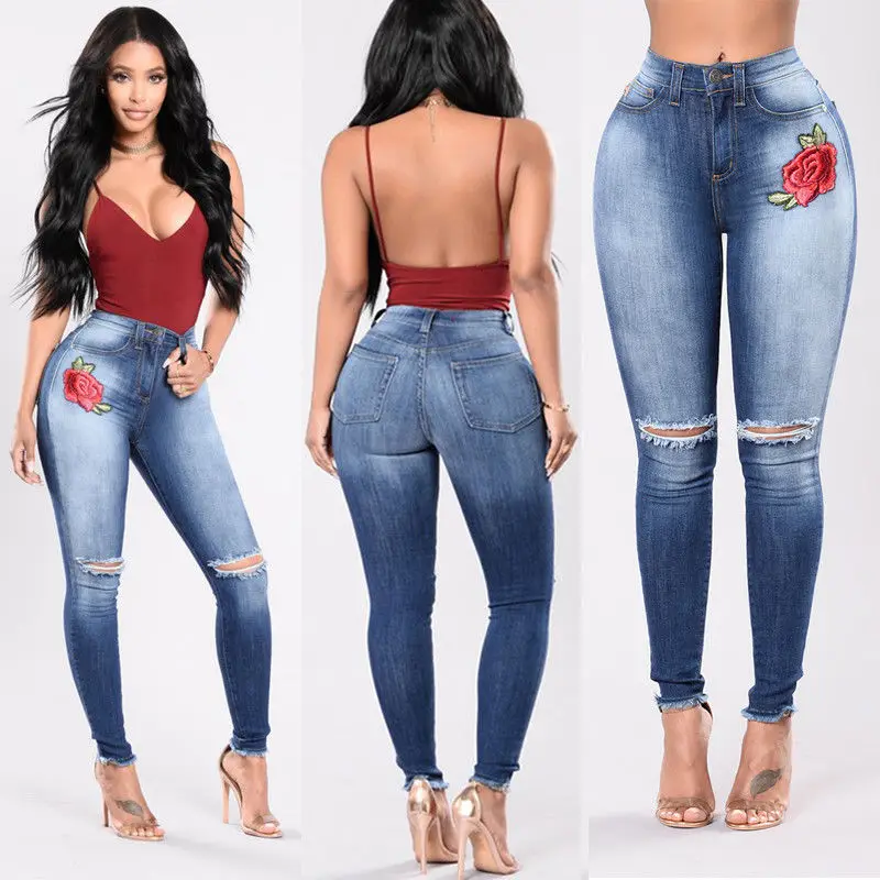 Джинсы с вышивкой 2017 женские джинсы высокой талией облегающие рваные эластичные