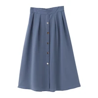 perhaps u blue solid button a line chiffon midi skirt empire summer casual s0067