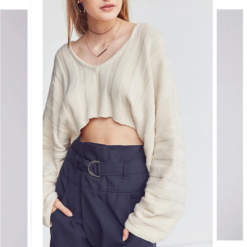 Women Solid Beige Big V Neck Crop Sweater Batwing Sleeve Loose 2022 Winter New Lady Sexy Character Knitwear Femme Knitted Top | Женская
